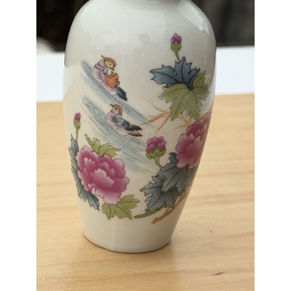 Vintage Miniature Porcelain Vase With Floral And Bird Motif